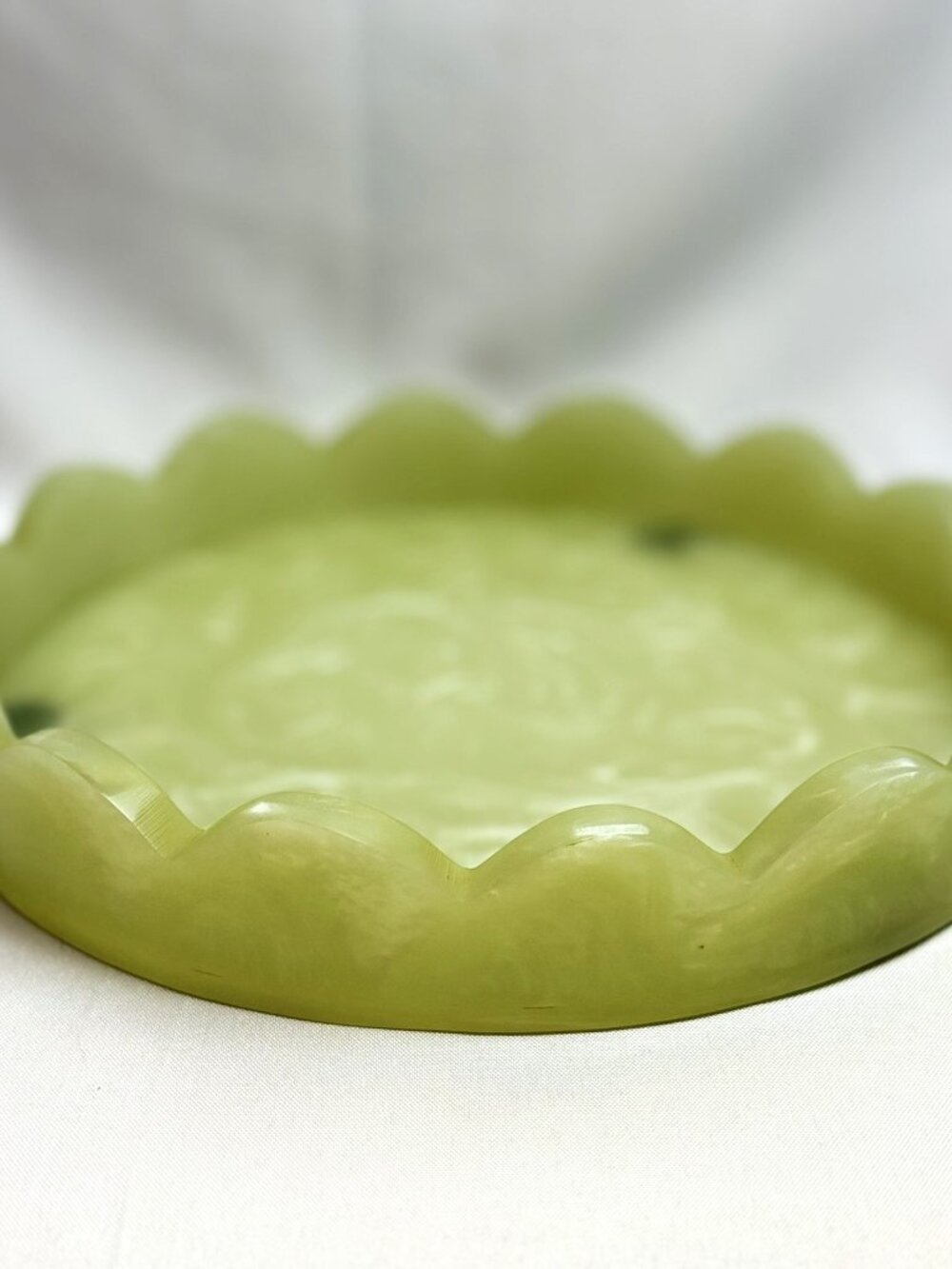 Green Lucite Round Tray 10" Scalloped Vanity Display Stand Retro Plastic Décor